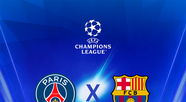 Imagem do card do jogo entre PSG e Barcelona pela Champions League