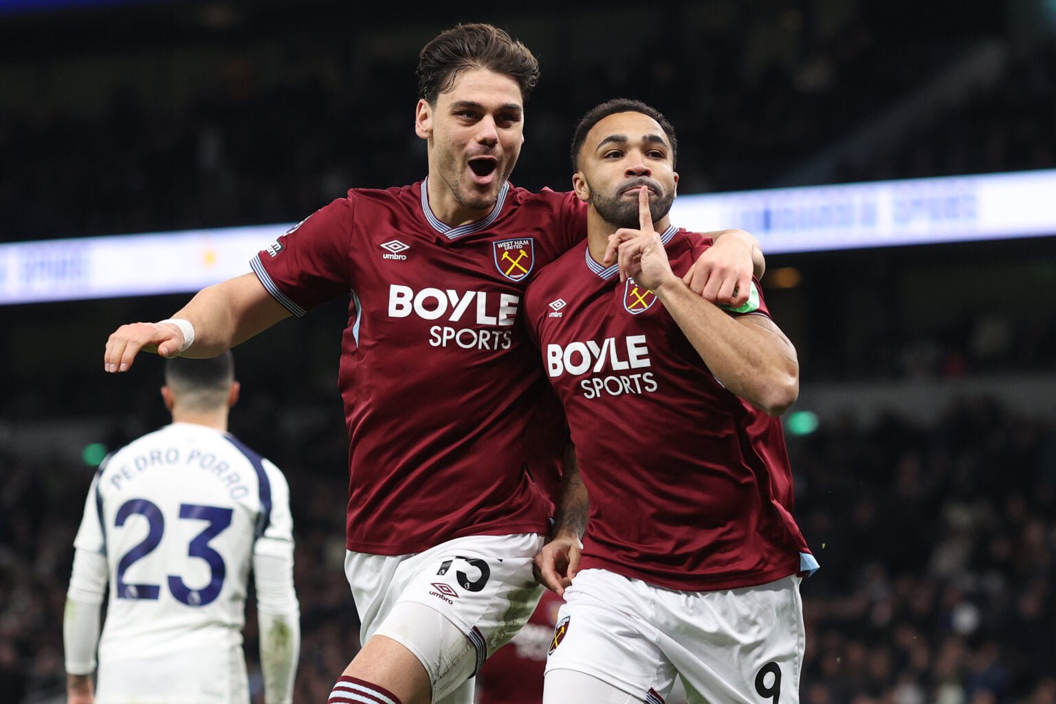 Callum Wilson and Konstantinos Mavropanos celebrate during Tottenham Hotspur v West Ham United - Premier League