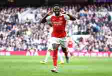 Bukayo Saka of Arsenal celebrates scoring his team's second goal during the Premier League match between Tottenham Hotspur and Arsenal FC at Totten...