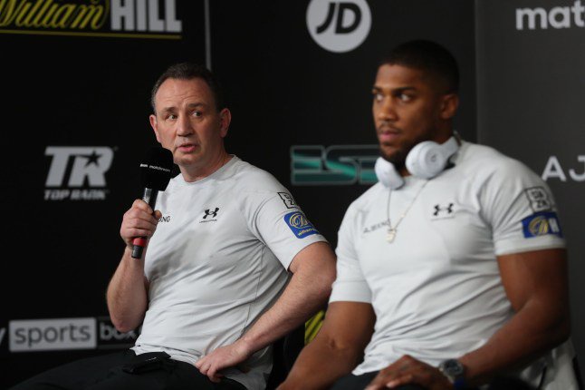 HANDOUT PICTURE COMPLIMENTS OF MATCHROOM BOXING Anthony Joshua and Kubrat Pulev Press Conference ahead of their IBF, WBA, WBO & IBO World Heavyweight Title Fight on Saturday night. Joshua Trainer Rob McCracken 10 December 2020 Picture By Mark Robinson