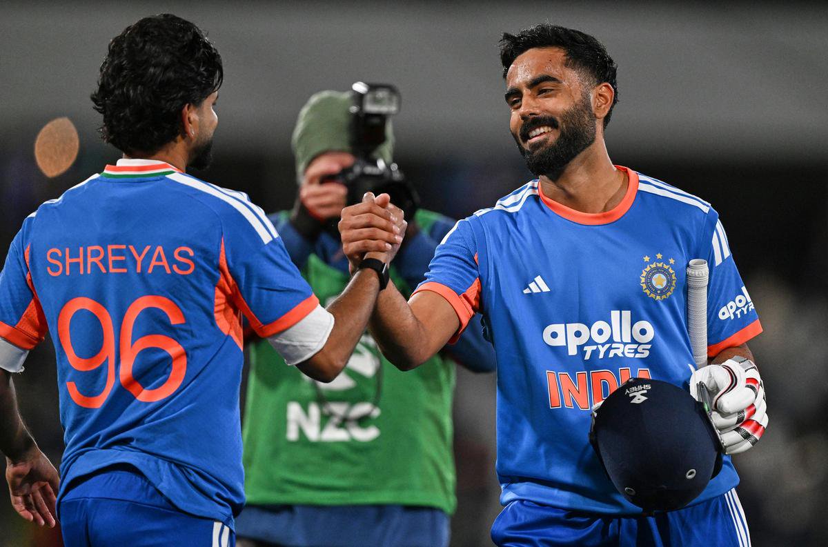 Shreyas Iyer greets Naman Dhir after the latter took India home in the series-opener against the Kiwis.