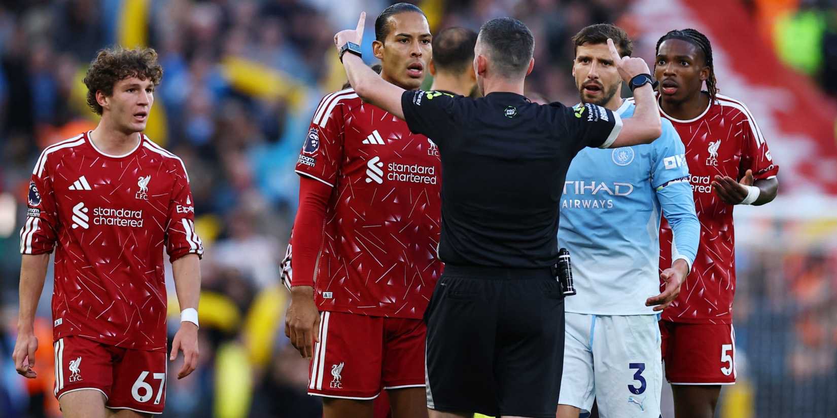 Liverpool's Virgil van Dijk remonstrates with referee Chris Kavanagh after Ryan Gravenberch is shown a red card