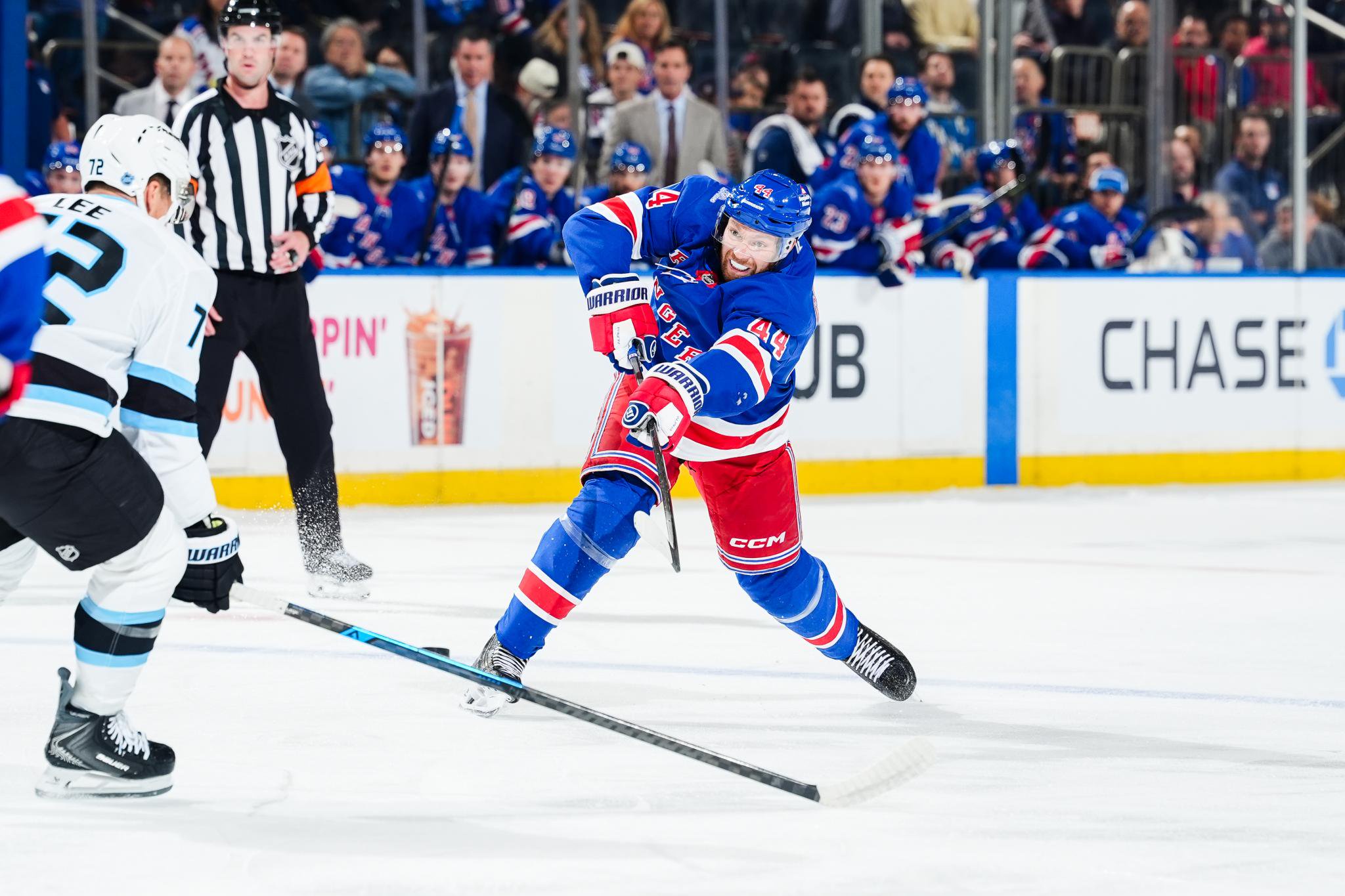 Vladislav Gavrikov (44) of the New York Rangers skates with the puck against the Utah Mammoth at Madison Square Garden on Sunday, Oct. 4, 2026, in New York.
