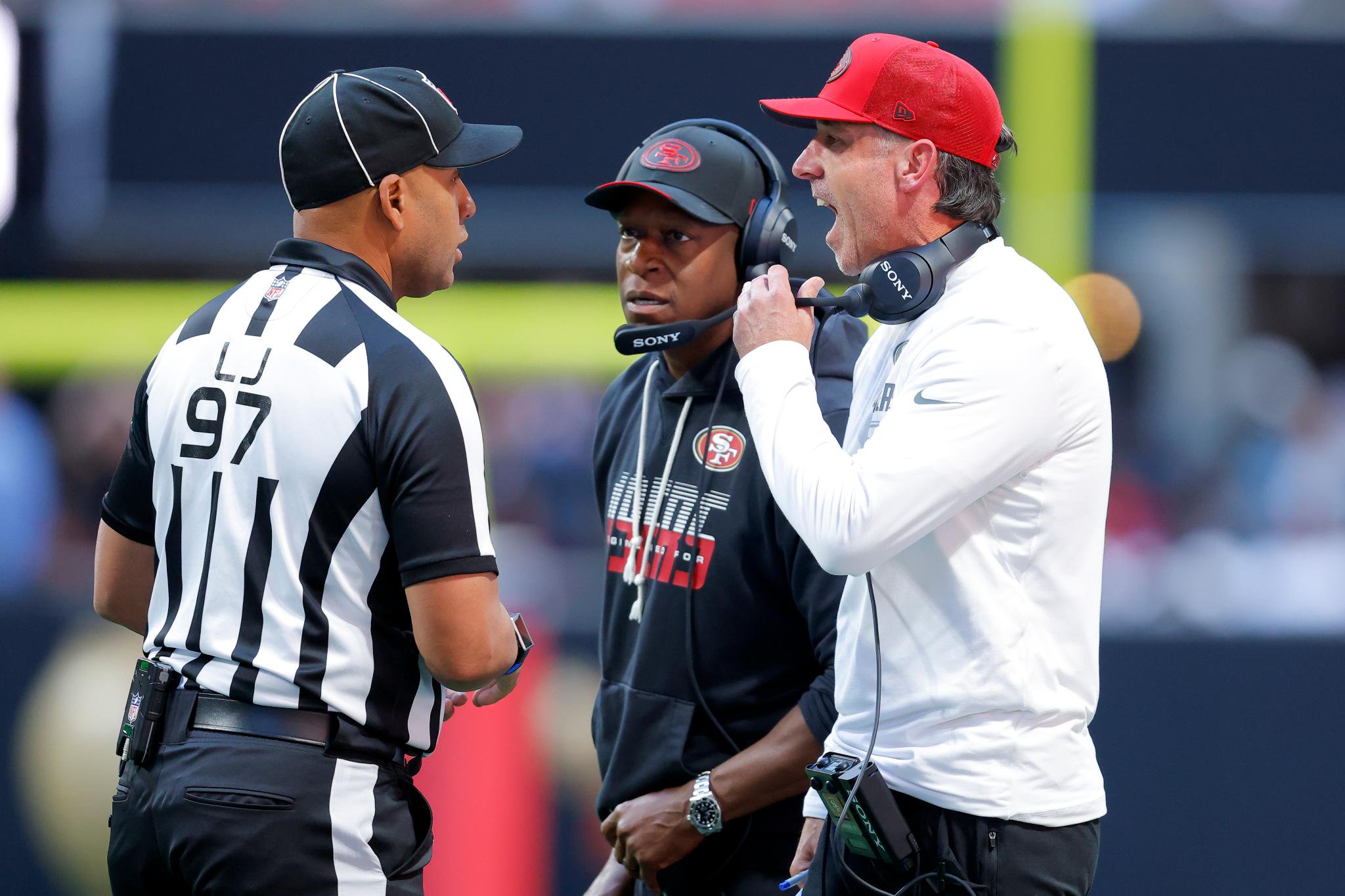 San Francisco 49ers coach Kyle Shanahan yells at a referee during a game against the Atlanta Falcons.