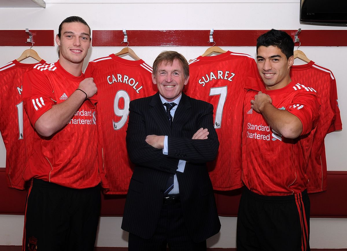 Andy Carroll with Kenny Dalglish and Luis Suarez