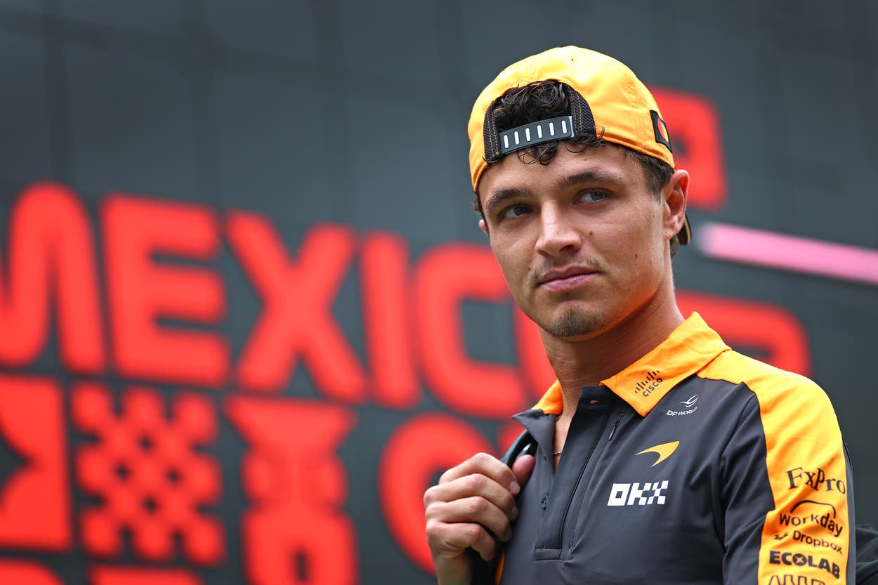 Lando Norris of Great Britain and McLaren arrives in the Paddock prior to practice ahead of the F1 Grand Prix of Mexico at Autodromo Hermanos Rodriguez on October 30