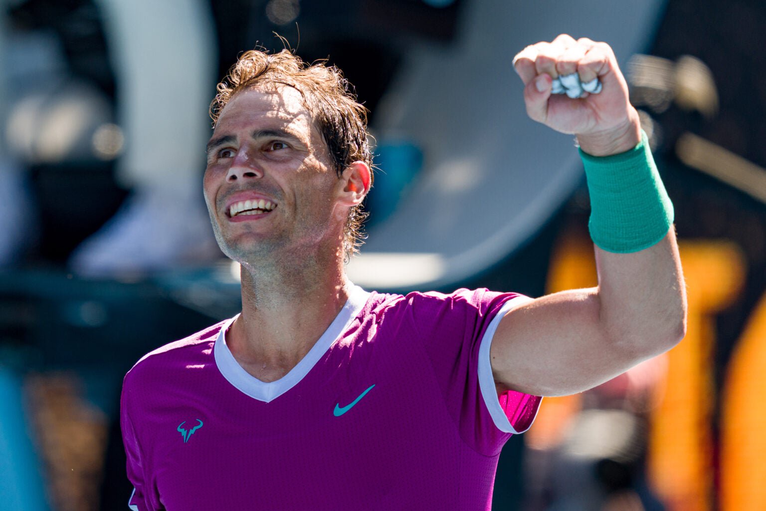 Rafael Nadal of Spain celebrates winning match point in his first round singles match against Marcos Giron of United States during day one of the 2022 Australian Open at Melbourne Park.