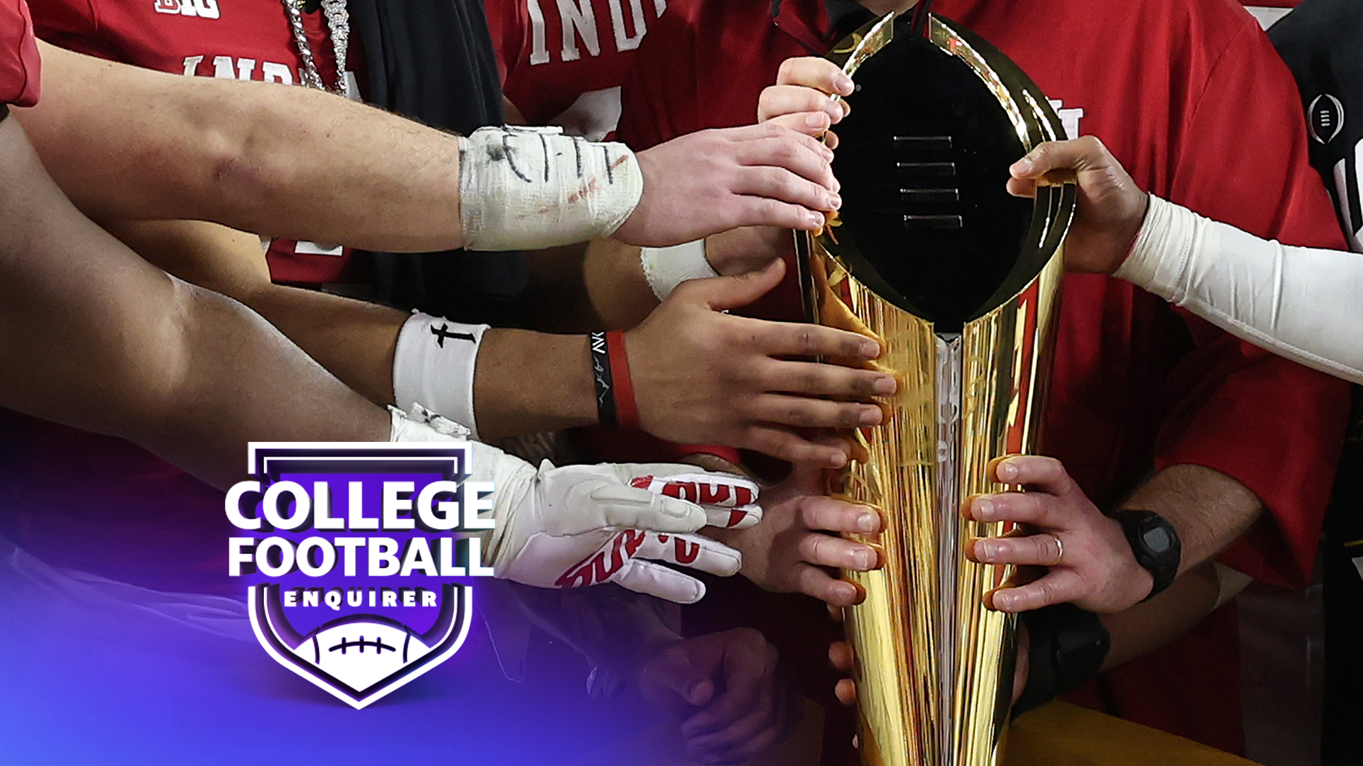 MIAMI GARDENS, FLORIDA - JANUARY 19: The Indiana Hoosiers celebrate with the College Football Playoff National Championship Trophy after defeating Miami Hurricanes 27-21 in the 2026 College Football Playoff National Championship at Hard Rock Stadium on January 19, 2026 in Miami Gardens, Florida. (Photo by Jamie Squire/Getty Images)
