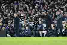 Head Coaches Ange Postecoglou of Tottenham Hotspur and Unai Emery of Aston Villa during the Premier League match between Tottenham Hotspur and Asto...