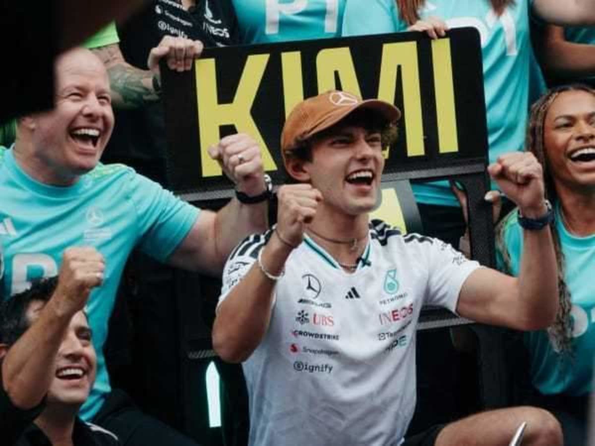 Mercedes driver Kimi Antonelli celebrates his U.S. Grand Prix win with his team. | Photo by Amber Heckler