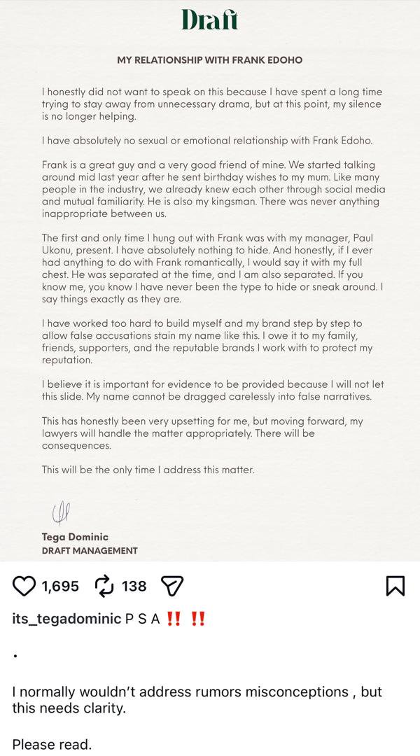 I have no sexu@l relationship with him - BBNaija?s Tega denies Frank Edoho affair rumours; dares estranged wife, Sandra to release proof