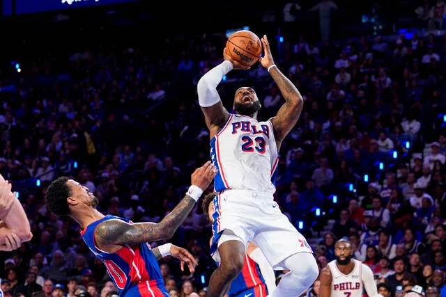 <p>Philadelphia 76ers’ LeBron James (23) shoots against Detroit Pistons’ John Collins, left, during the second half of an NBA basketball game, Sunday, Oct. 25, 2026, in Philadelphia.</p>
                                 <p>Chris Szagola | AP Photo</p>
