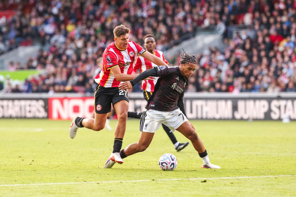 BRENTFORD, ENGLAND - OCTOBER 17: Rio Ngumoha of Liverpool is challenged during the Premier League 2026/27 match between Brentford and Liverpool FC at Gtech Community Stadium on October 17, 2026 in Brentford, England. (Photo by Liverpool FC/Liverpool FC via Getty Images)