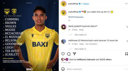 Marselino Ferdinan masuk daftar susunan pemain Oxford United dalam dua laga terakhir. (Foto: Instagram/@oufcofficial)
