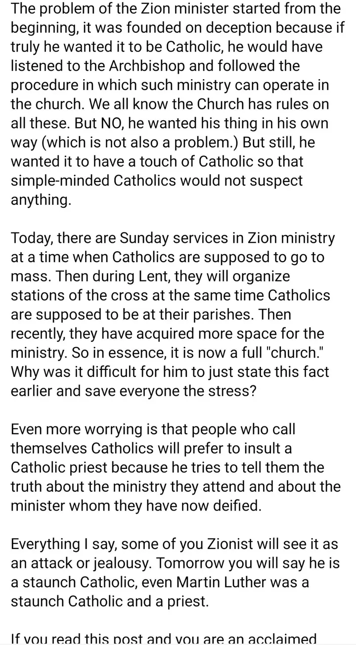 "This centre is proscribed by the Archbishop of Lagos Archdiocese" Catholic Priests warn Catholics against attending Zion Ministry; members hit back
