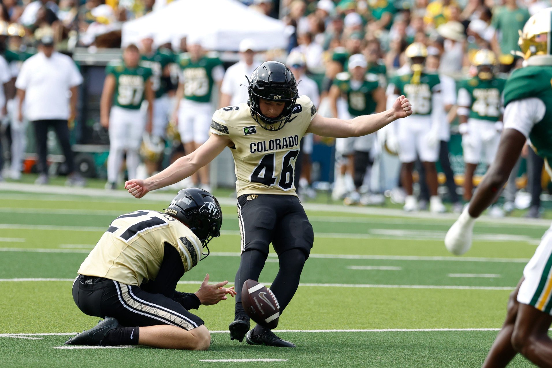 Sep 26, 2026; Waco, Texas, USA;  Colorado Buffaloes kicker Elliott Arnold (46) kicks a field goal against the Baylor Bears during the first half at McLane Stadium.  Mandatory Credit: Chris Jones-Imagn Images