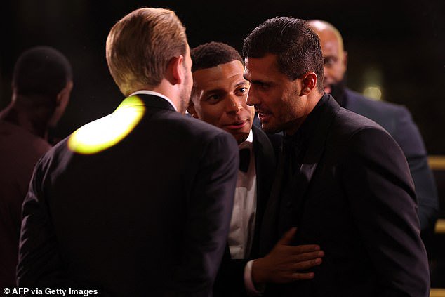 Mbappe is seen with Kane and Barcelona superstar Rodri at Monday's ceremony