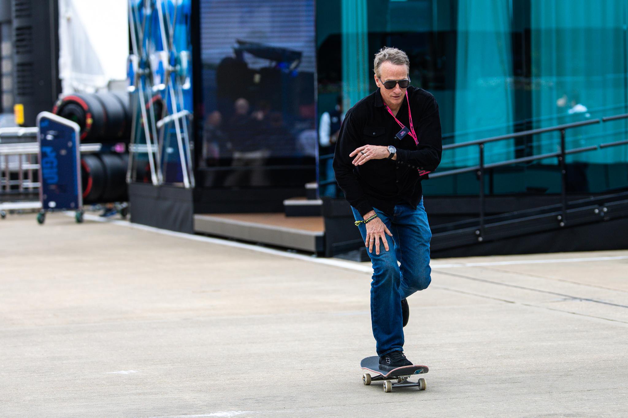 U.S. professional skateboarder Tony Hawk skates in the paddock at Silverstone Circuit in Northampton, England.