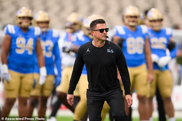 UCLA head coach Bob Chesney watches his players before an NCAA college football game against Wisconsin Saturday, Oct. 17, 2026, in Pasadena, Calif. (AP Photo/Kyusung Gong)