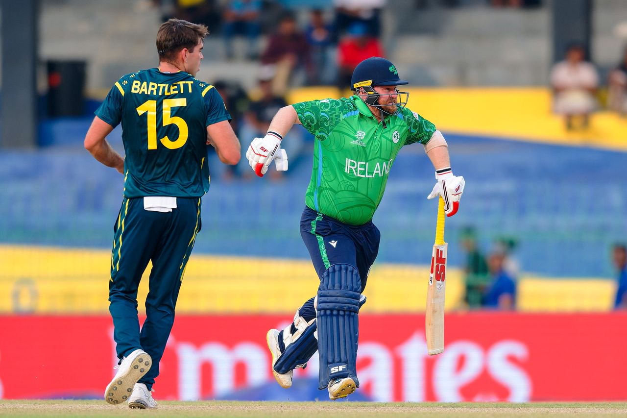 Ireland's Paul Stirling limps hurt during the T20 World Cup group game against Australia in Colombo on Wednesday. Photo: Viraj Kothalawala/Sportsfile