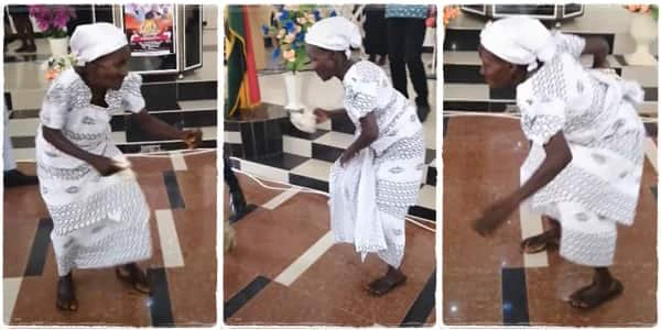 A grandmother showed off great dancing skills in her church, dancing aggressively with a lot of energy