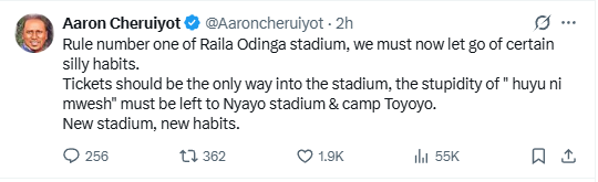 X statement of Senate Majority Leader Aaron Cheruiyot on crowd management at the Raila Odinga International Stadium. PHOTO/Screengrab by K24 Digital/@Aaaroncheruiyot/X