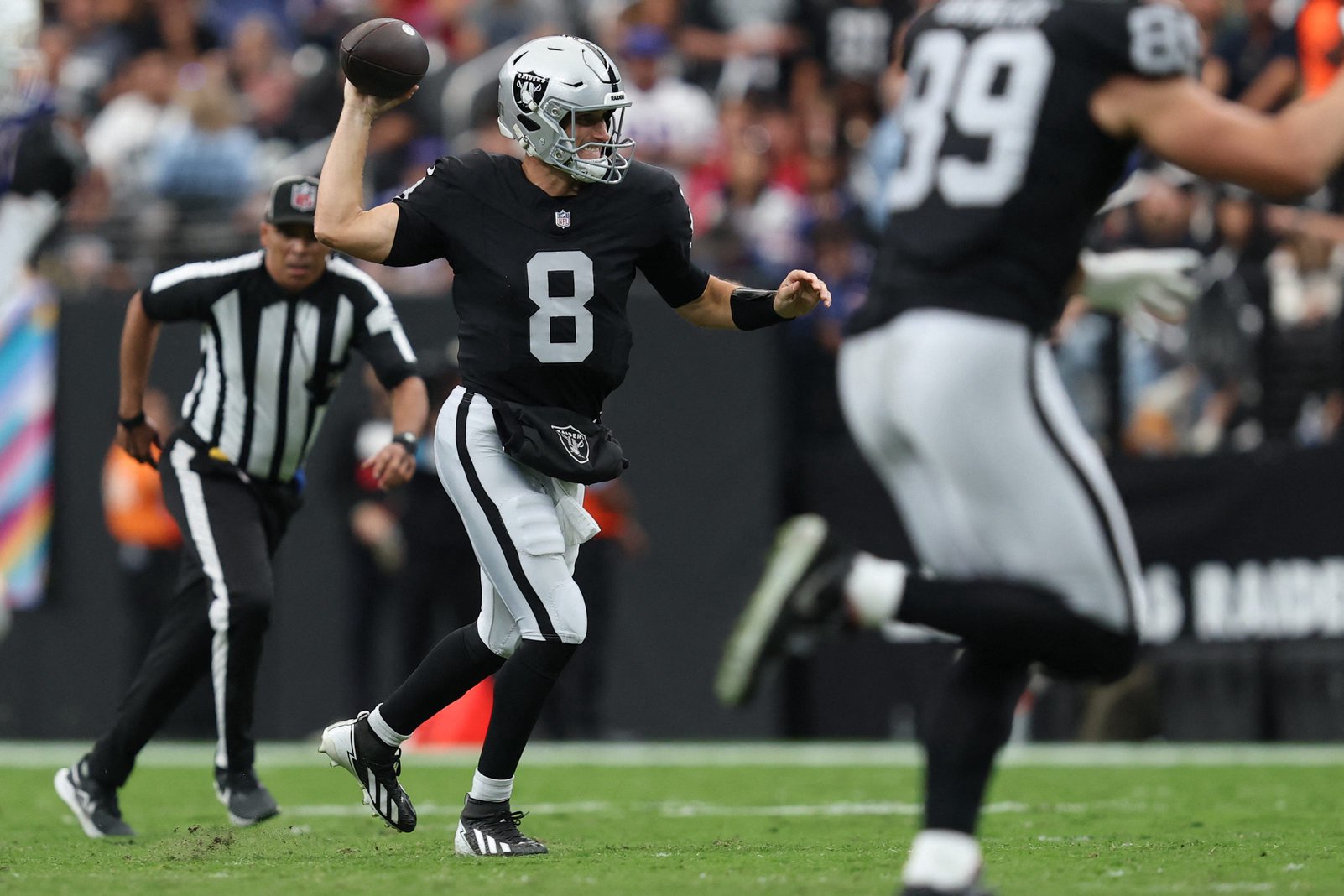 Oct 18, 2026; Paradise, Nevada, USA;  Las Vegas Raiders quarterback Kirk Cousins (8) throws a pass in the second quarter against the Buffalo Bills at Allegiant Stadium.  Mandatory Credit: David Brytus-Imagn Images