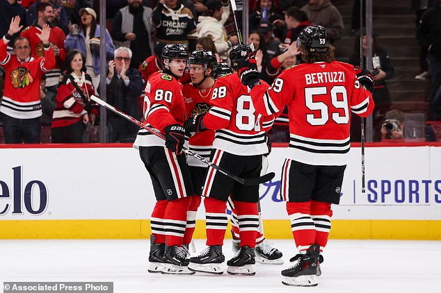 Chicago Blackhawks right wing Roman Kantserov (80) celebrates a goal teammates during the second period of an NHL hockey game against the Los Angeles Kings, Tuesday, Oct. 27, 2026, in Chicago. (AP Photo/Jessie Alcheh)