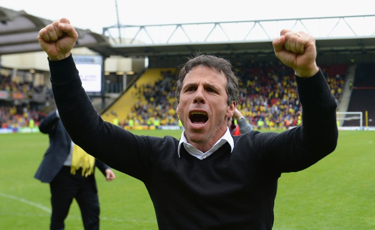 Gianfranco Zola celebrates Watford's dramatic play-off win over Leicester in 2013