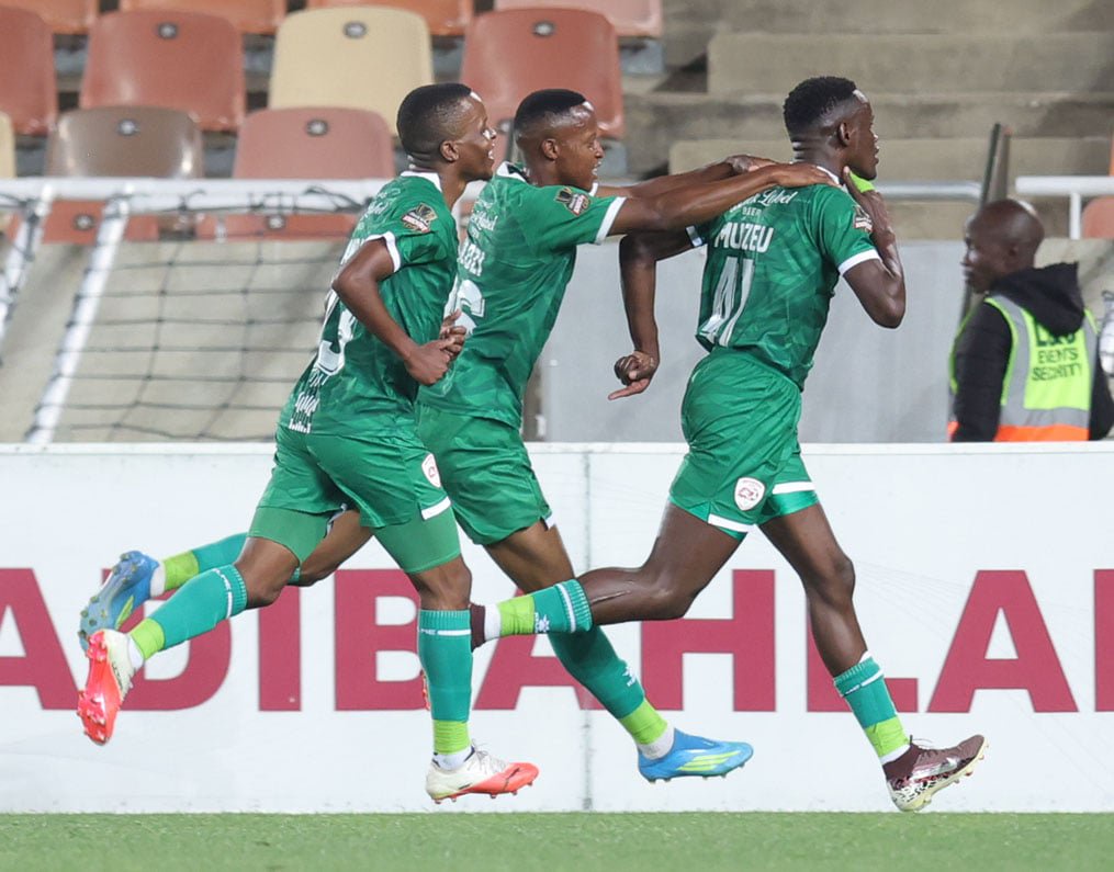 Bethuel Muzeu of Sekhukhune United celebrates goal with teammates during the Carling Knockout Cup 2026/27 last 16 match between Sekhukhune United and Richards Bay at New Peter Mokaba Stadium in Polokwane on the 25 October 2026 © Samuel Shivambu/BackpagePix
