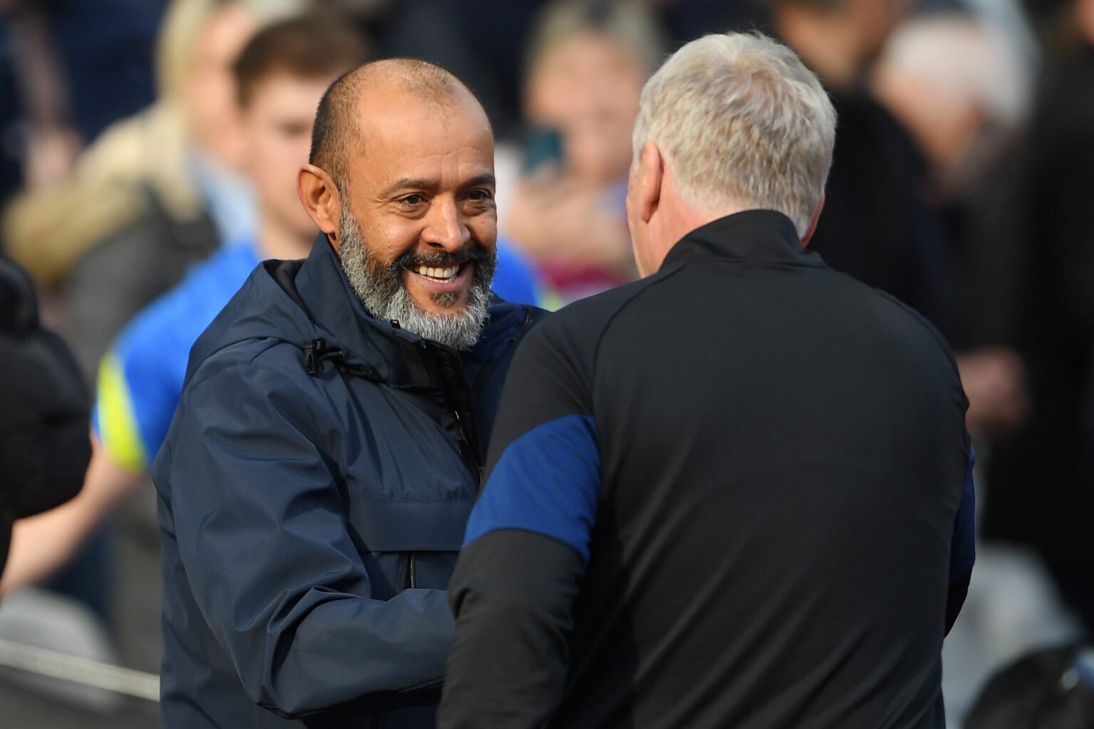 Nuno Espirito Santo, Head Coach of Tottenham Hotspur is greeted by David Moyes- West Ham United v Tottenham Hotspur - Premier League