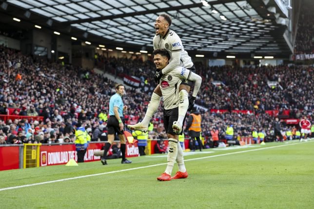 MANCHESTER, ENGLAND - OCTOBER 25: Evanilson. of Bournemouth celebrates after scoring to make it 3-0 with team-mate Marcus Tavernier during the Premier League 2026/27 match between Manchester United and AFC Bournemouth at Old Trafford on October 25, 2026 in Manchester, England. (Photo by Robin Jones - AFC Bournemouth/AFC Bournemouth via Getty Images)