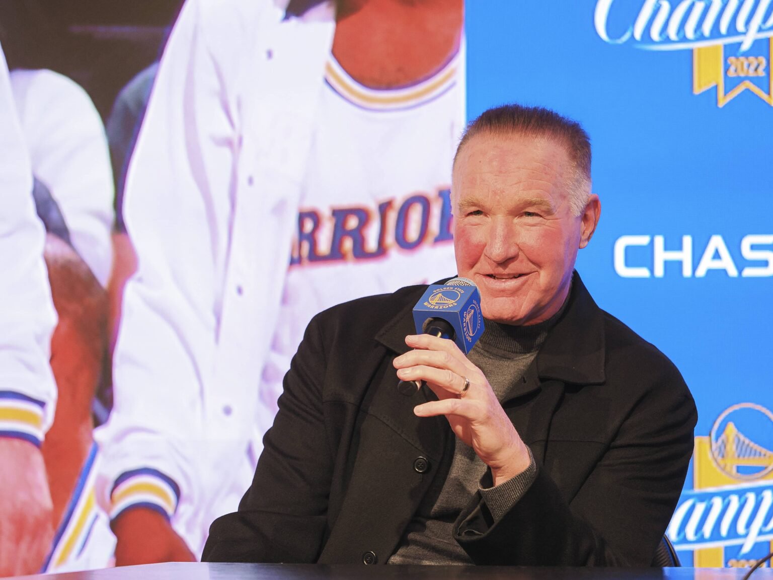 San Francisco, California, USA; Former Golden State Warriors player Chris Mullin during a press conference before the game against the San Antonio Spurs at Chase Center. Mandatory Credit: Kelley L Cox-USA TODAY Sports