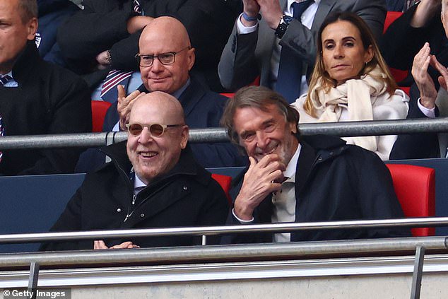 On Sunday, the Manchester United fans turned on the players but most of all, they turned on the club’s hated owners, the Glazers, including Avram (left), and Sir Jim Ratcliffe