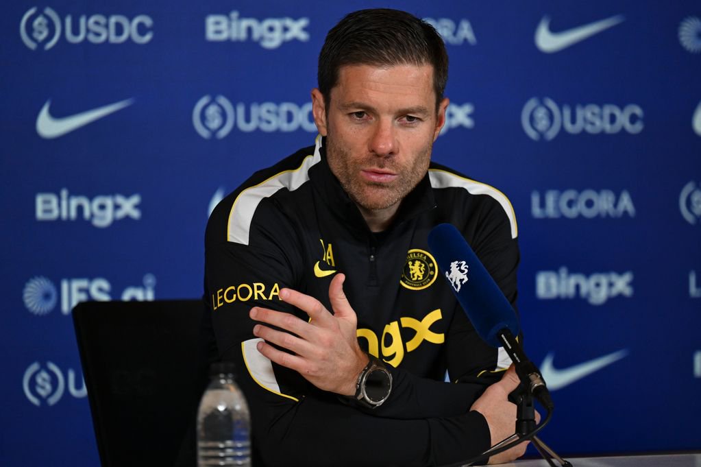 Manager Xabi Alonso of Chelsea during a press conference at Chelsea Training Ground