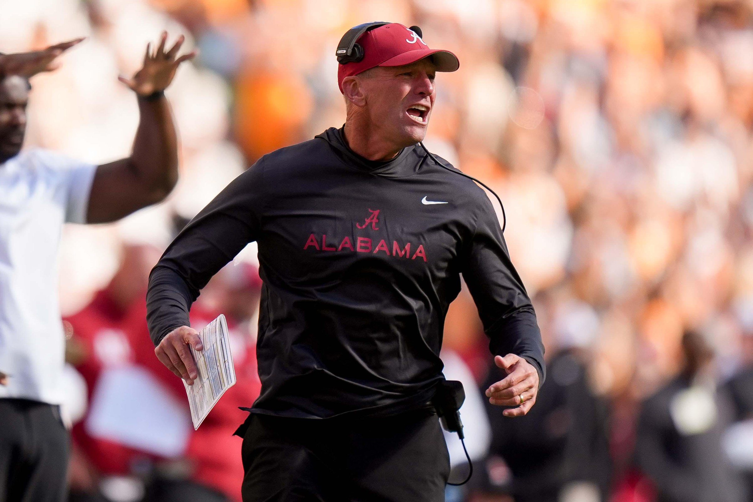 KNOXVILLE, TENNESSEE - OCTOBER 17: Kalen DeBoer of the Alabama Crimson Tide yells to his team against the Tennessee Volunteers during the first half at Neyland Stadium on October 17, 2026 in Knoxville, Tennessee. (Photo by Camden Hall/Getty Images)