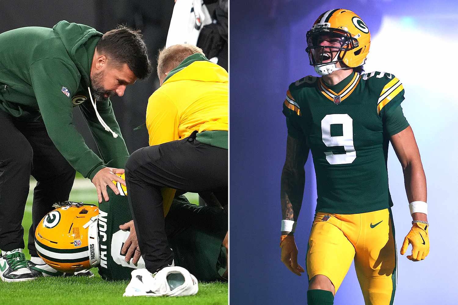 Christian Watson #9 of the Green Bay Packers on Oct. 29, 2026.Credit: Patrick McDermott/Getty; Kevin Sabitus/Getty