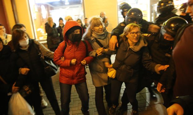 Police break up an anti-war demonstration in Moscow on Wednesday