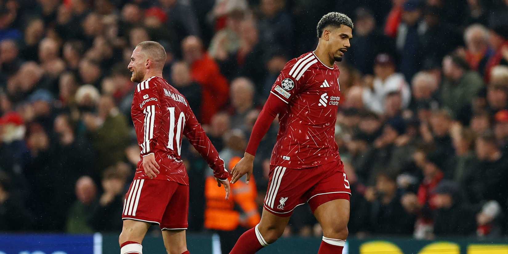 Soccer Football - UEFA Champions League - Liverpool v Villarreal - Anfield, Liverpool, Britain - October 20, 2026 Liverpool's Ronald Araujo celebrates scoring their second goal with Alexis Mac Allister 