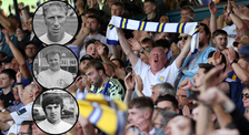 A compilation of images including Jack Charlton, Billy Bremner and Peter Lorimer, with Leeds fans celebrating in the background.