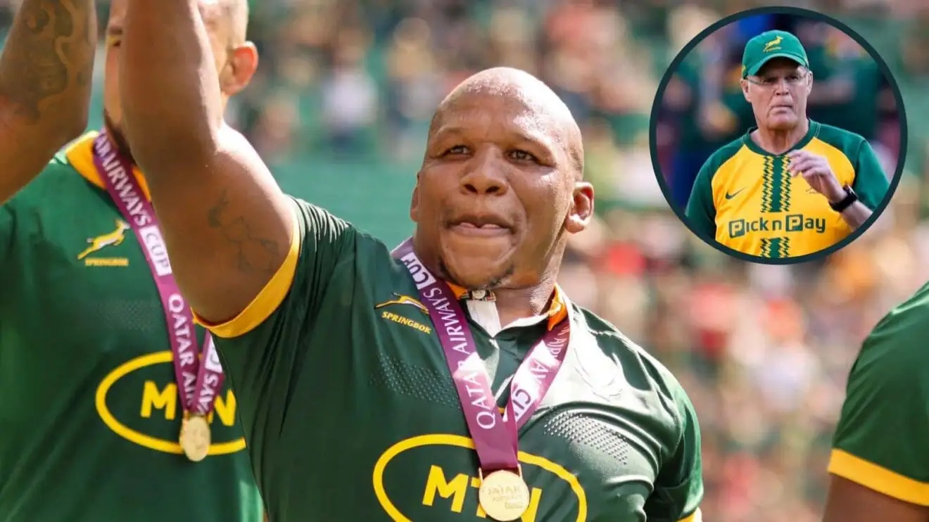 Bongi Mbonambi and an inset of Springboks head coach Rassie Erasmus.