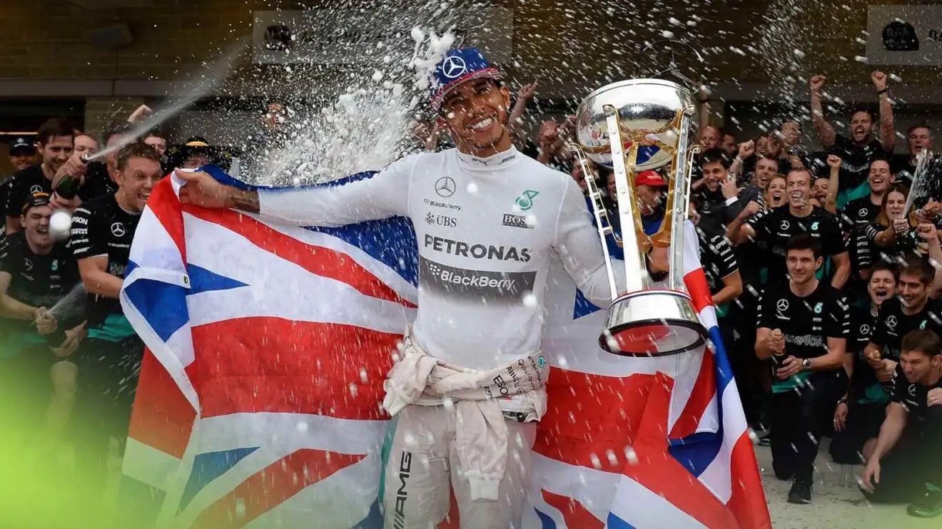Lewis Hamilton celebrates winning the title at the 2015 United States Grand Prix.