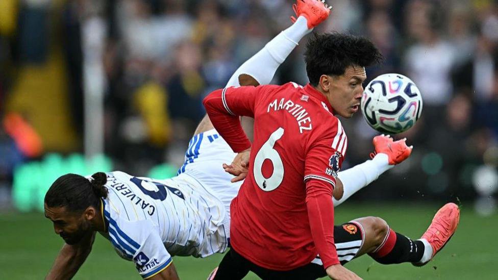 Leeds striker Dominic Calvert-Lewin and Manchester United defender Lisandro Martinez in action at Elland Road