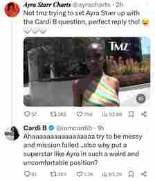 "Why put a superstar like Ayra Starr in such a weird position?" Cardi B asks after the Nigerian singer was asked to give her opinion on the American rapper (video)