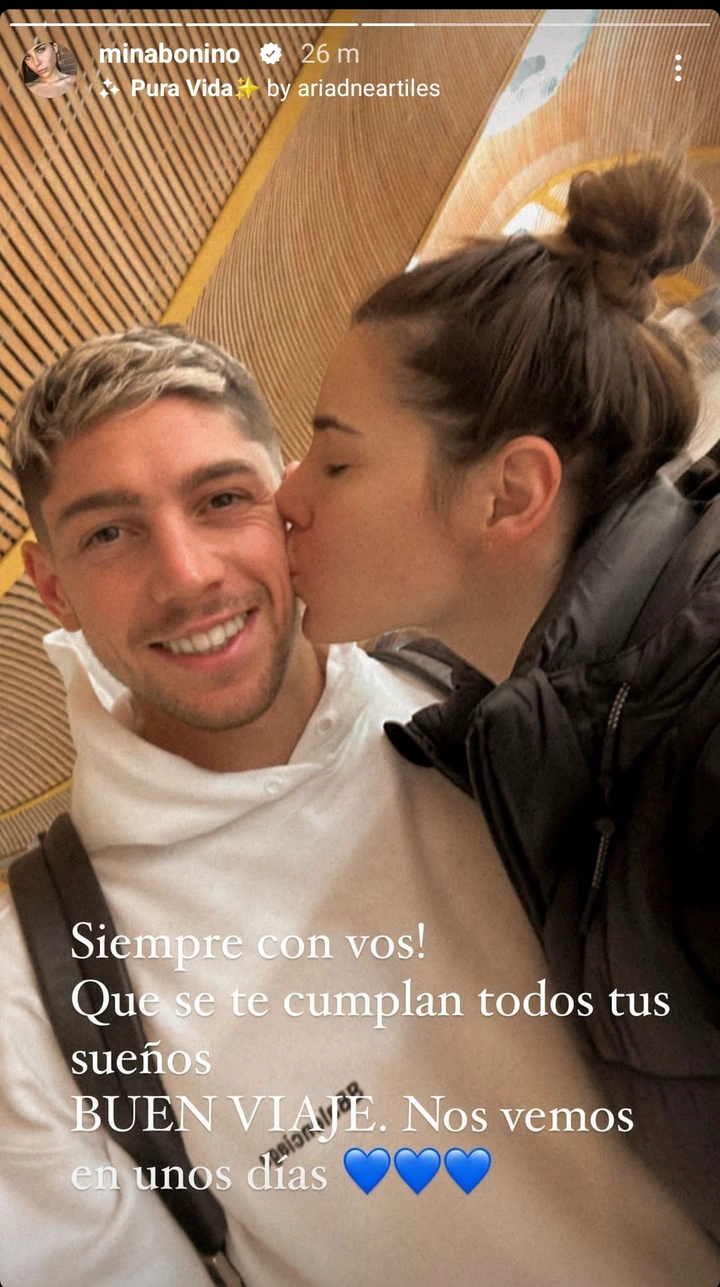 Real Madrid star Federico Valverde receives goodbye kiss from his girlfriend Mina Bonino as he set to join Uruguay team mates for World Cup (Photos) 