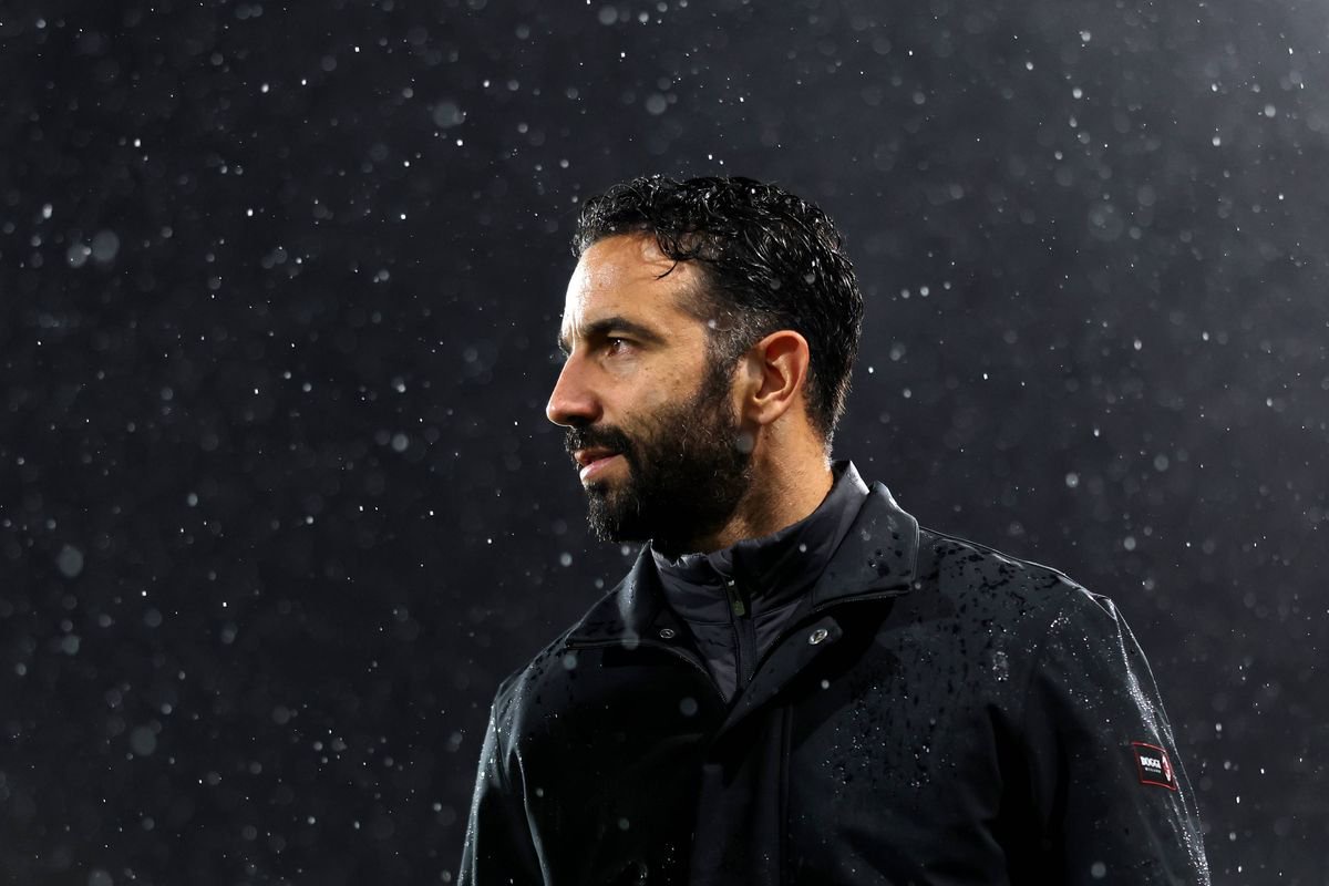 Ruben Amorim looking on during a football match in the rain