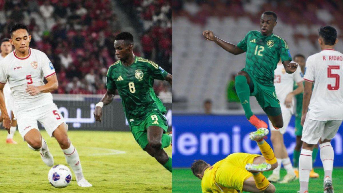 Kolase foto cuplikan pertandingan antara Timnas Indonesia melawan Arab Saudi, Selasa (19/11).