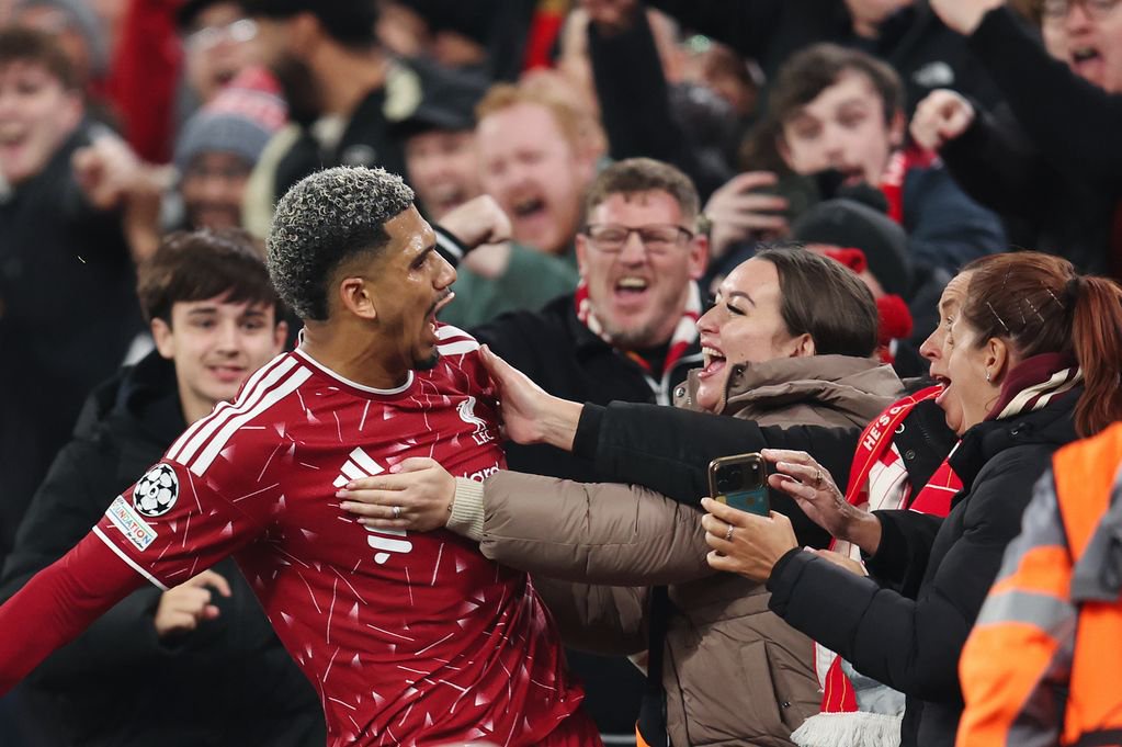 LIVERPOOL, ENGLAND - OCTOBER 20: Ronald Araujo of Liverpool celebrates with the fans after scoring their 2nd goal during the UEFA Champions League 2026/27 League Phase MD3 match between Liverpool FC and Villarreal CF at Anfield on October 20, 2026 in Liverpool, United Kingdom. (Photo by Charlotte Wilson/Offside/Offside via Getty Images)