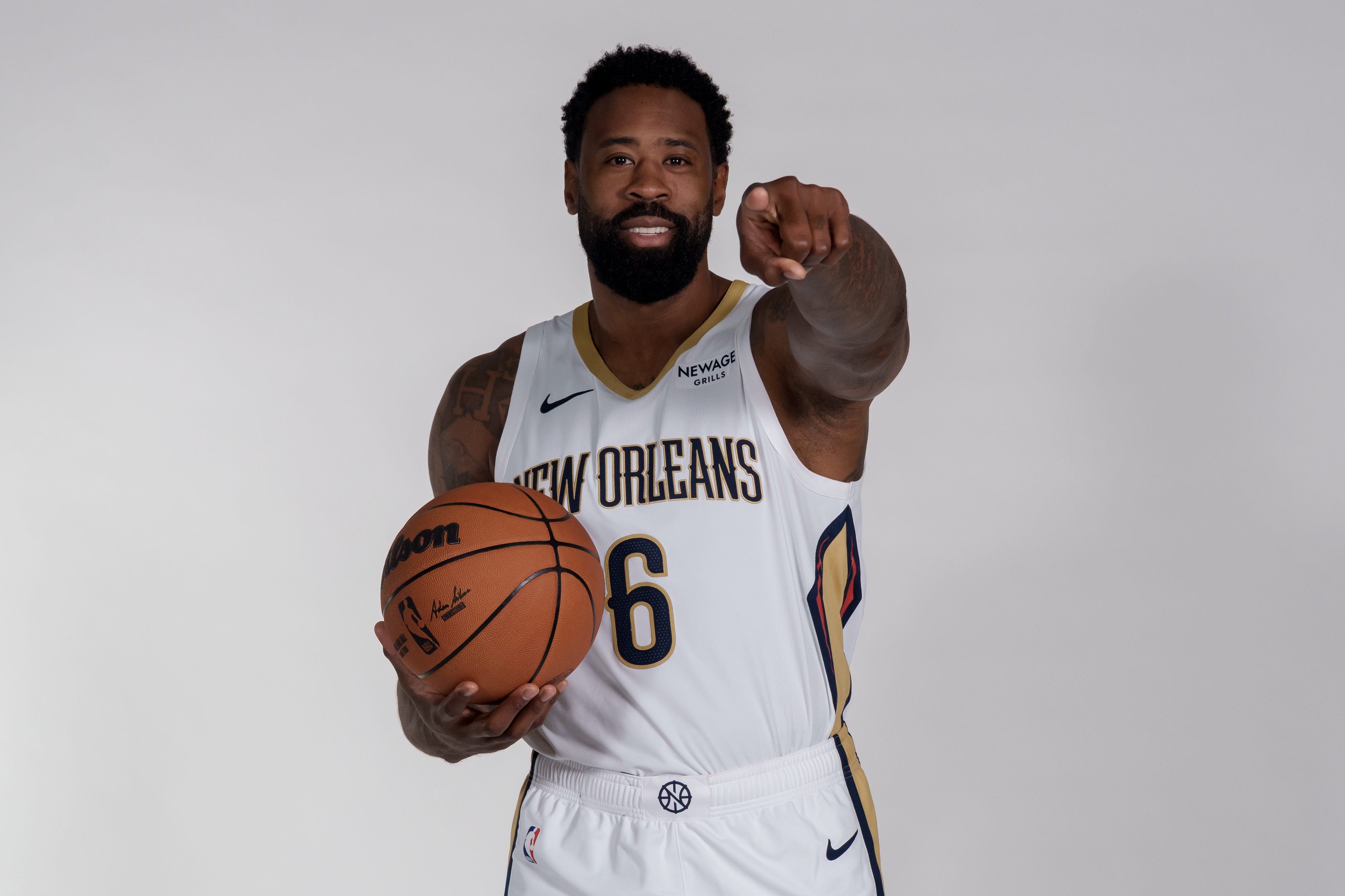 Sep 28, 2026; New Orleans, LA, USA;  New Orleans Pelicans center DeAndre Jordan (6) takes part in media day at Smoothie King Center.  Mandatory Credit: Matthew Hinton-Imagn Images