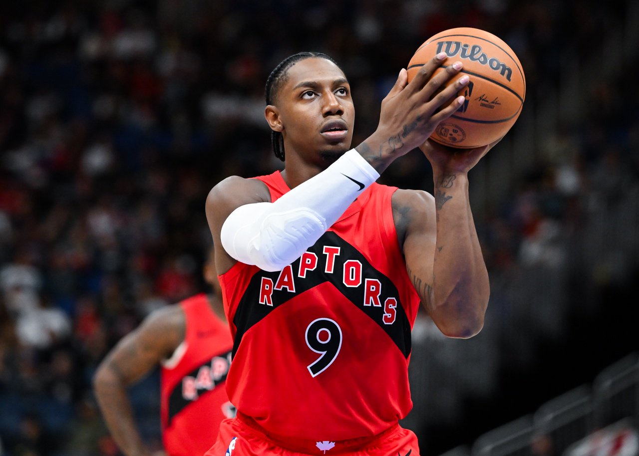QUEBEC CITY, CANADA - OCTOBER 03: RJ Barrett #9 of the Toronto Raptors shoots a free throw during the first half against the Miami Heat in a preseason NBA game at the Videotron Centre on October 3, 2026 in Quebec City, Quebec, Canada.  NOTE TO USER: User expressly acknowledges and agrees that, by downloading and or using this photograph, User is consenting to the terms and conditions of the Getty Images License Agreement.  (Photo by Minas Panagiotakis/Getty Images)